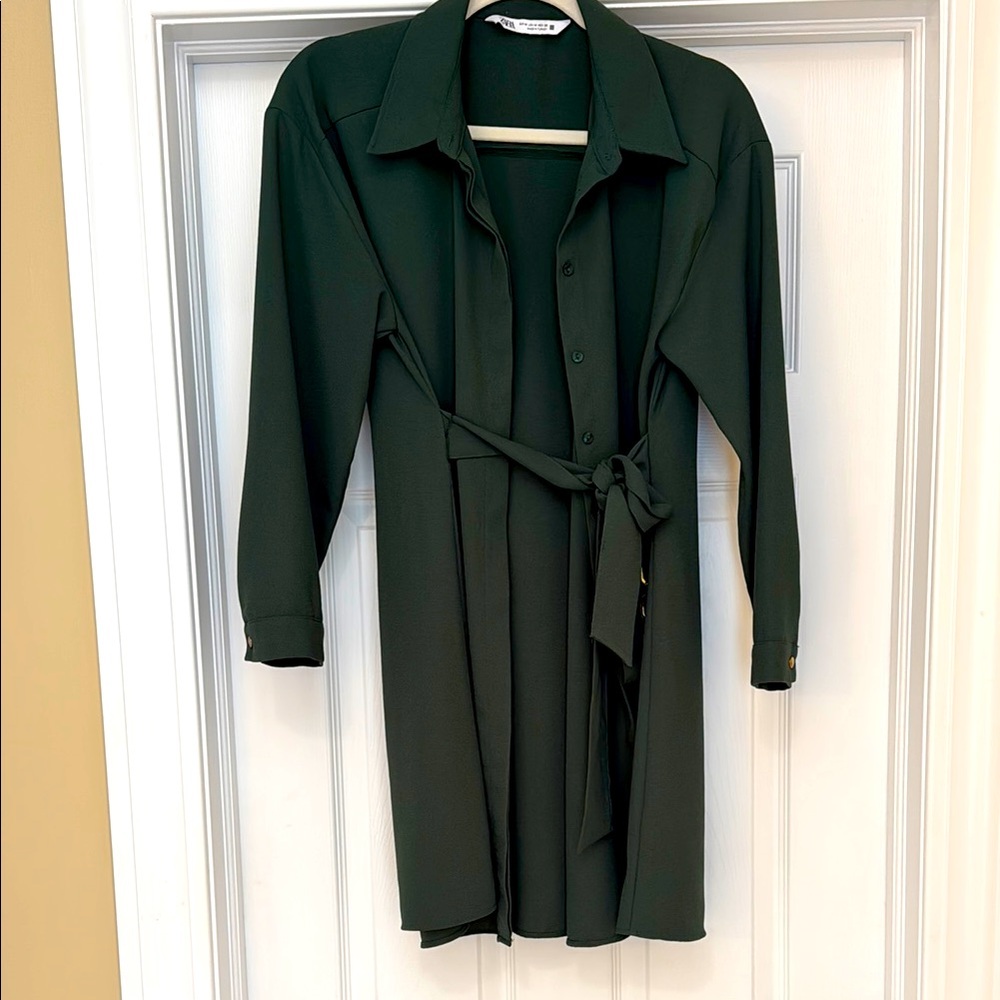 Zara Dark Green Button-Up Dress with Belt
